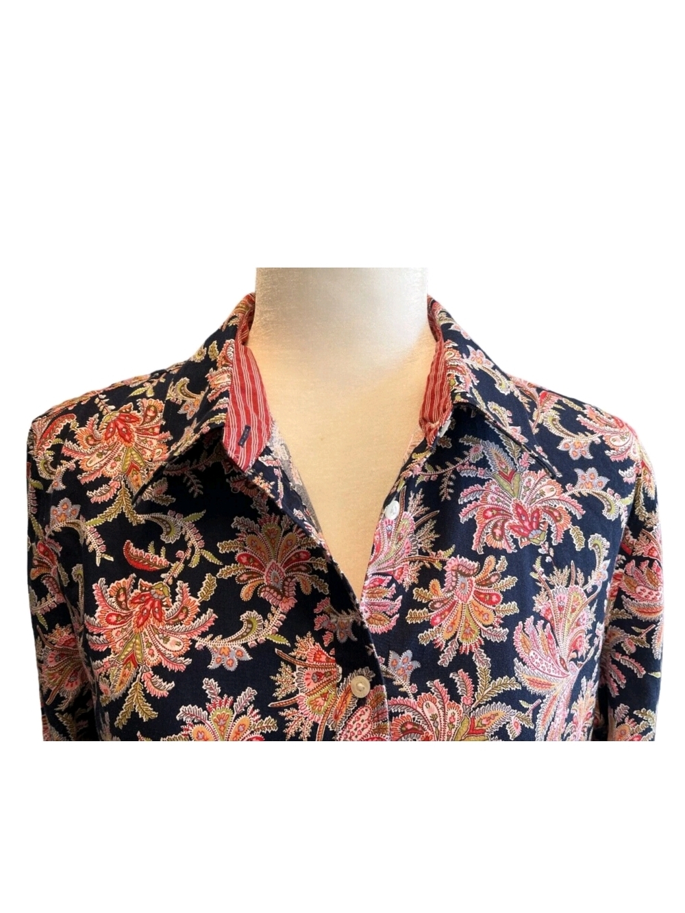 Chaps No Iron Women's XL  Blouse Floral Paisley Navy Red Pink Striped Flip Cuff.